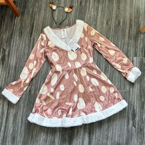 Deer costume cosplay Halloween beige white Polka Dot Dress Faux Fur headband S
